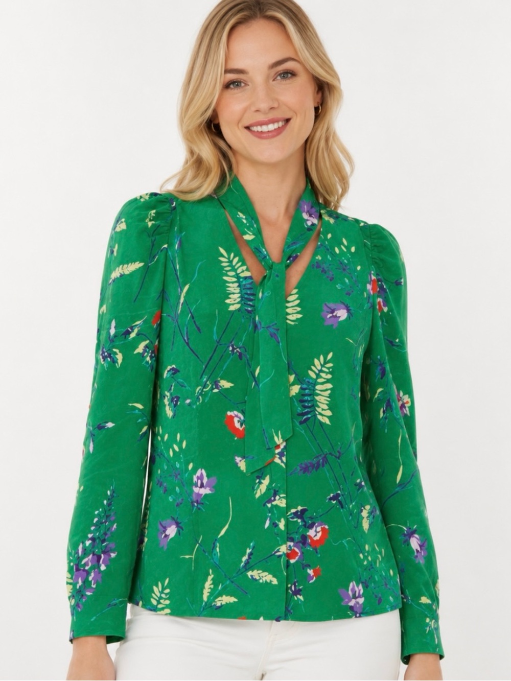 MAJE | Cosina Green Floral Button Front Tie-Neck Blouse Top Sz. 1 or a Small